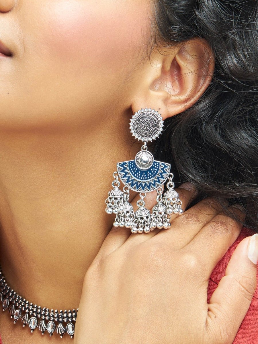 Beruzu - Antique Silver Rangoli-Inspired Earrings with Sun Motif and Jhumki Drops - Beruzu Fashion