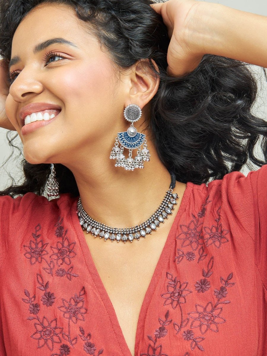 Beruzu - Antique Silver Rangoli-Inspired Earrings with Sun Motif and Jhumki Drops - Beruzu Fashion