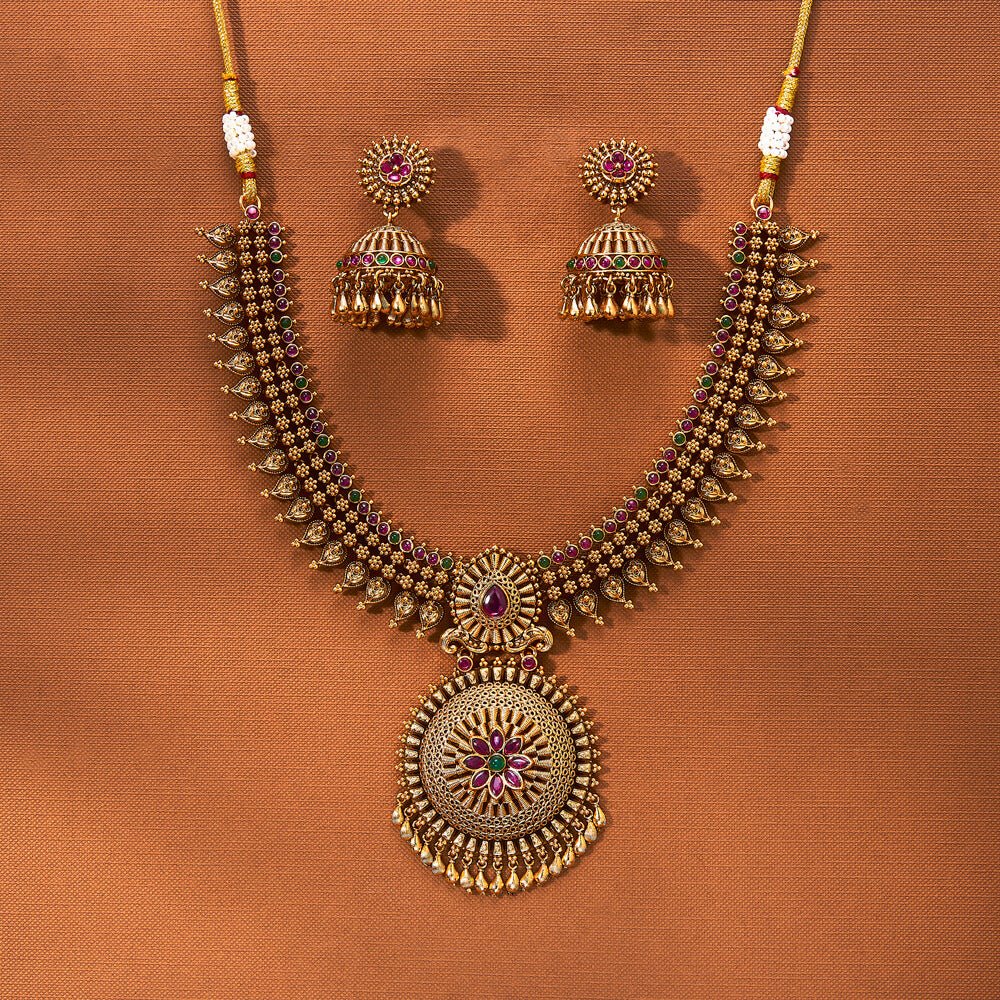 Beruzu - Antique South Indian Necklace in Matte Gold Plating - Beruzu