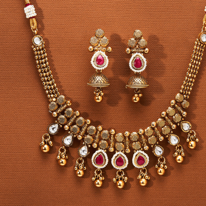 Beruzu - Antique Temple - Inspired Necklace Set with Ruby Pear Drops and Kundan Accents - Beruzu