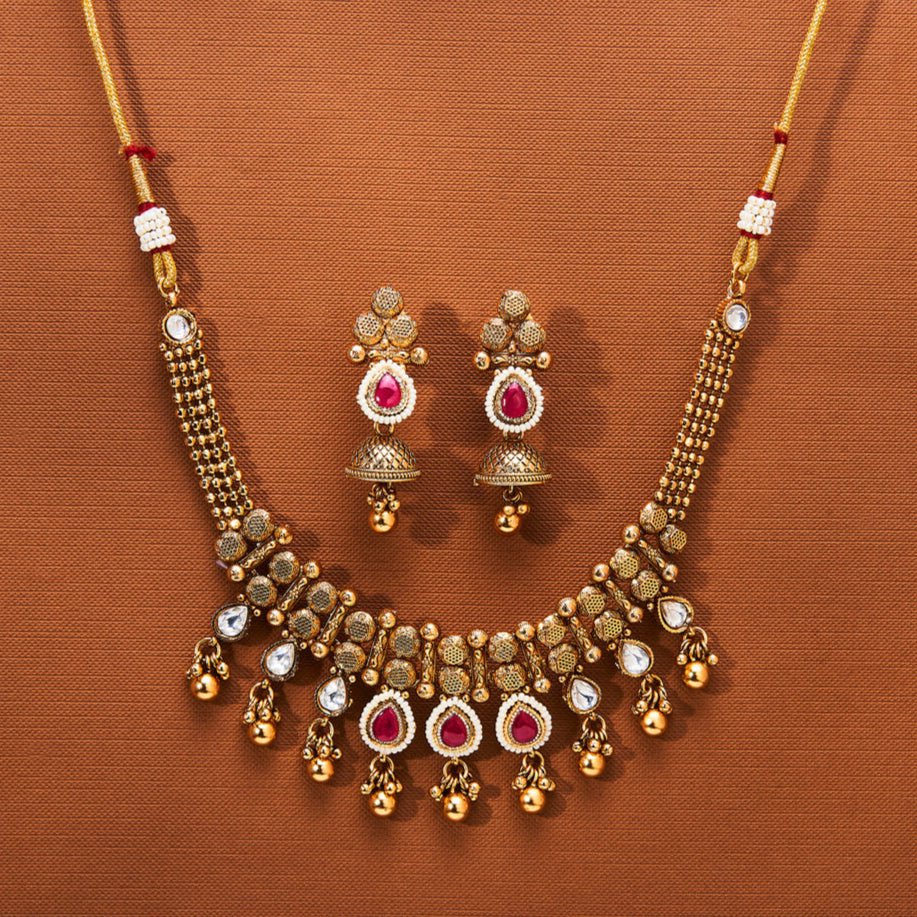 Beruzu - Antique Temple - Inspired Necklace Set with Ruby Pear Drops and Kundan Accents - Beruzu