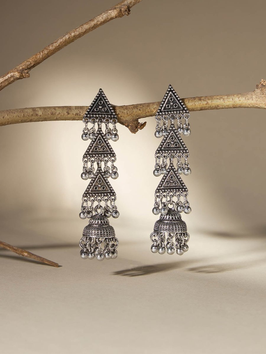 Beruzu - Antique Triangular Cascade Earrings with Dangling Charms in Silver and Gold