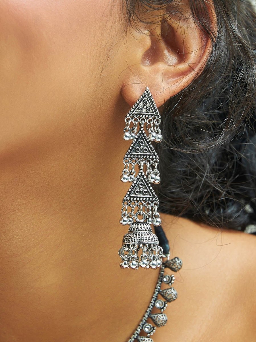 Beruzu - Antique Triangular Cascade Earrings with Dangling Charms in Silver and Gold - Beruzu Fashion