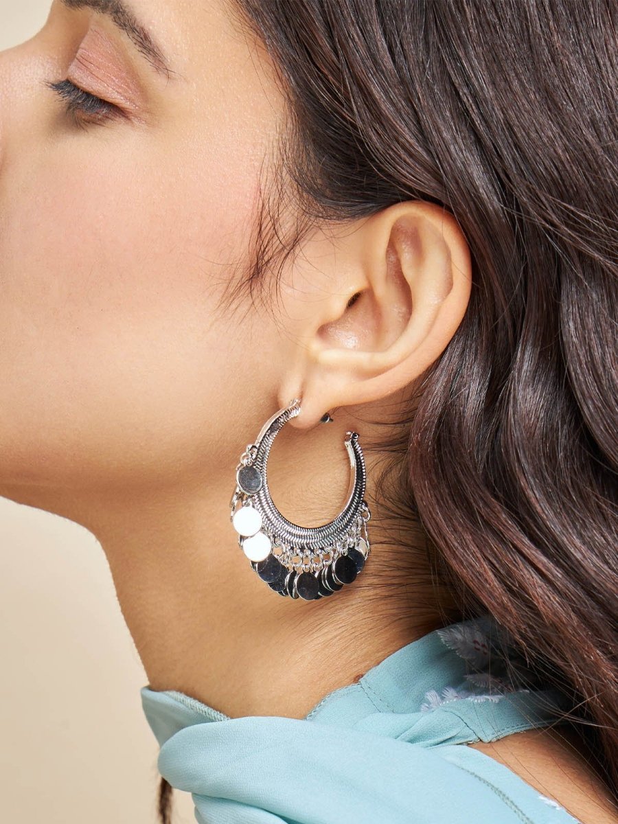 Beruzu - Artisan Crafted Silver Hoop Earrings with Close-Hanging Circular Charms - Beruzu Fashion