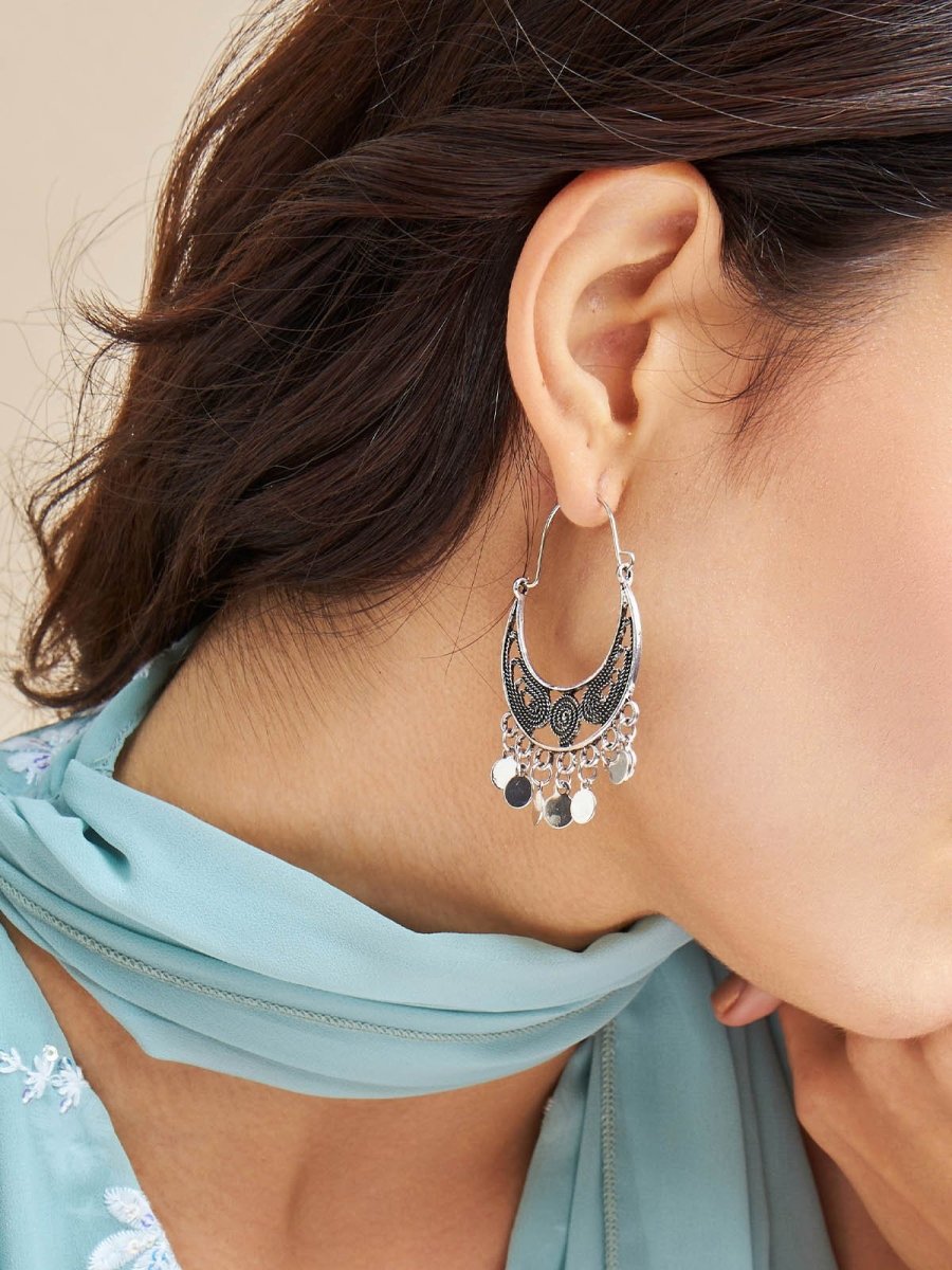 Beruzu - Artistic Gold-Plated Crescent Hoop Earrings with Circular Charms - Beruzu Fashion