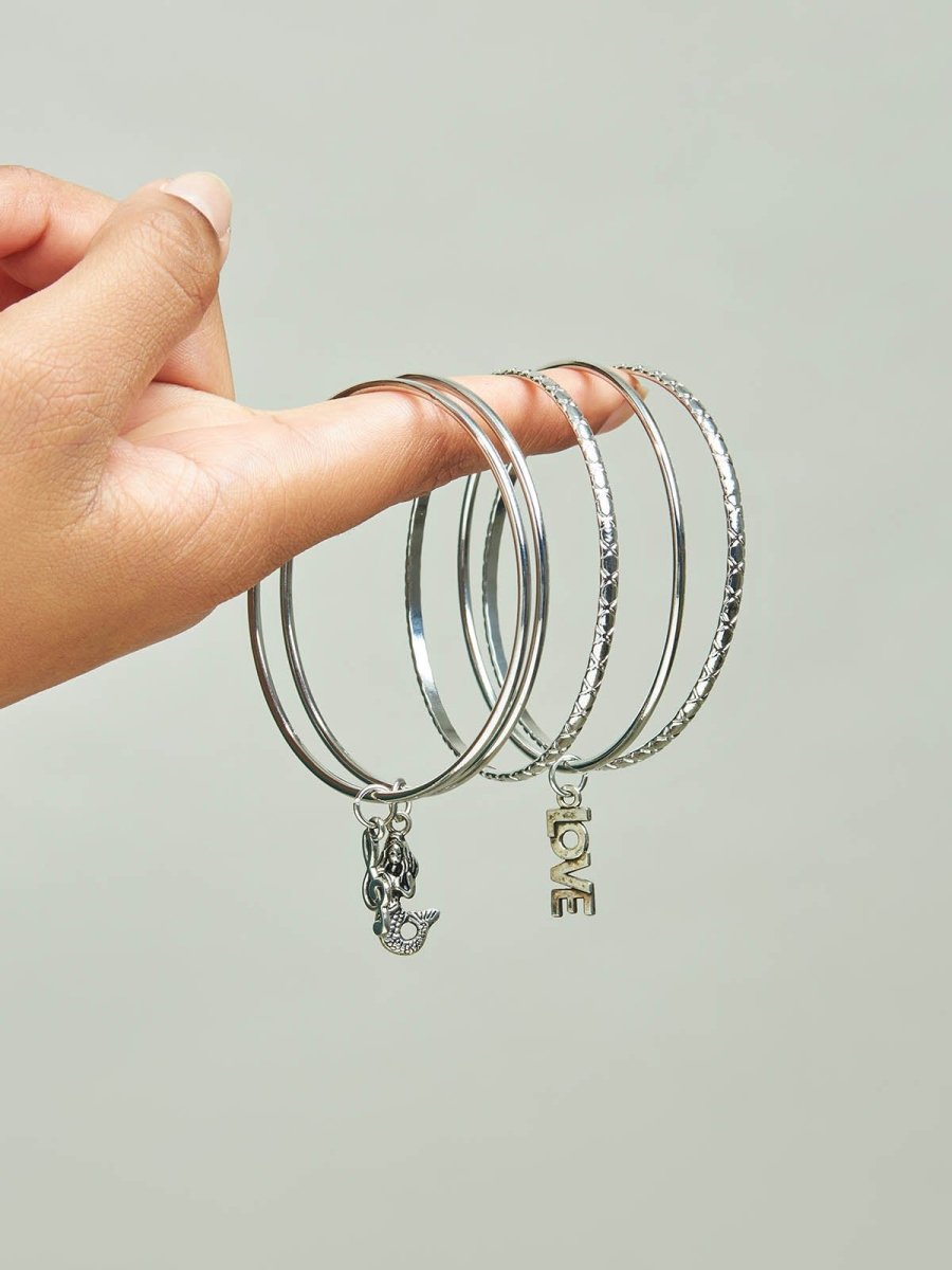 Beruzu - Chic Silver-Plated Bangle Set with Music and Love Charms - Stylish & Expressive - Beruzu Fashion