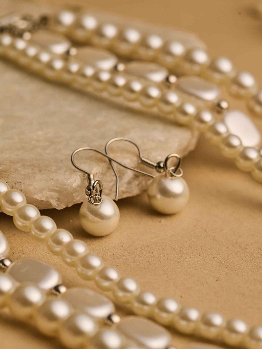 Beruzu Classic Multi-Strand Pearl Necklace and Earring Set