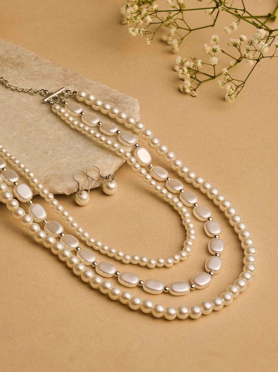 Beruzu Classic Multi-Strand Pearl Necklace and Earring Set