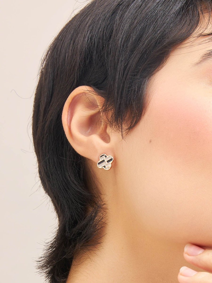 Beruzu - Clover-Shaped Stud Earrings in Gold and Rose Gold with Crystal and Enamel Pattern - Beruzu Fashion