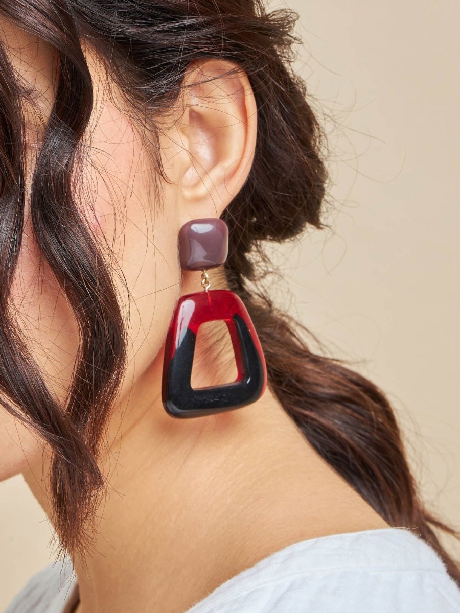 Beruzu - Colorful Asymmetrical Drop Earrings with Purple and Red-Black Accents