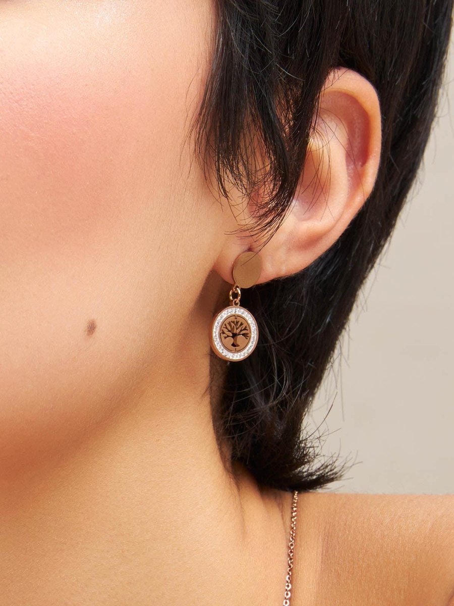 Beruzu - Copper Finish Earrings with White Stone Perimeter and Carved Tree Design - Beruzu Fashion