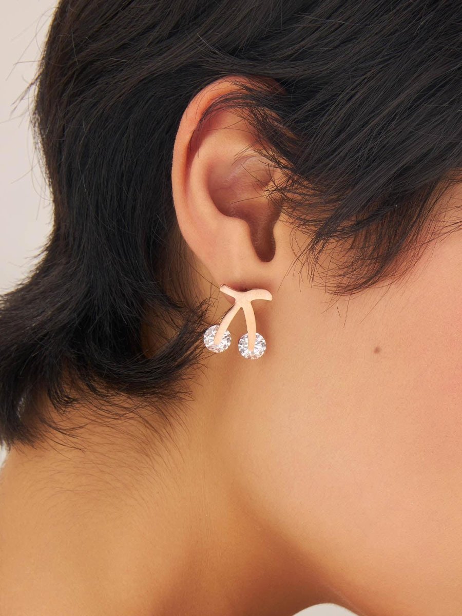 Beruzu - Crossed Branch Rose Gold Earrings with Sparkling White Stone Accents - Beruzu Fashion