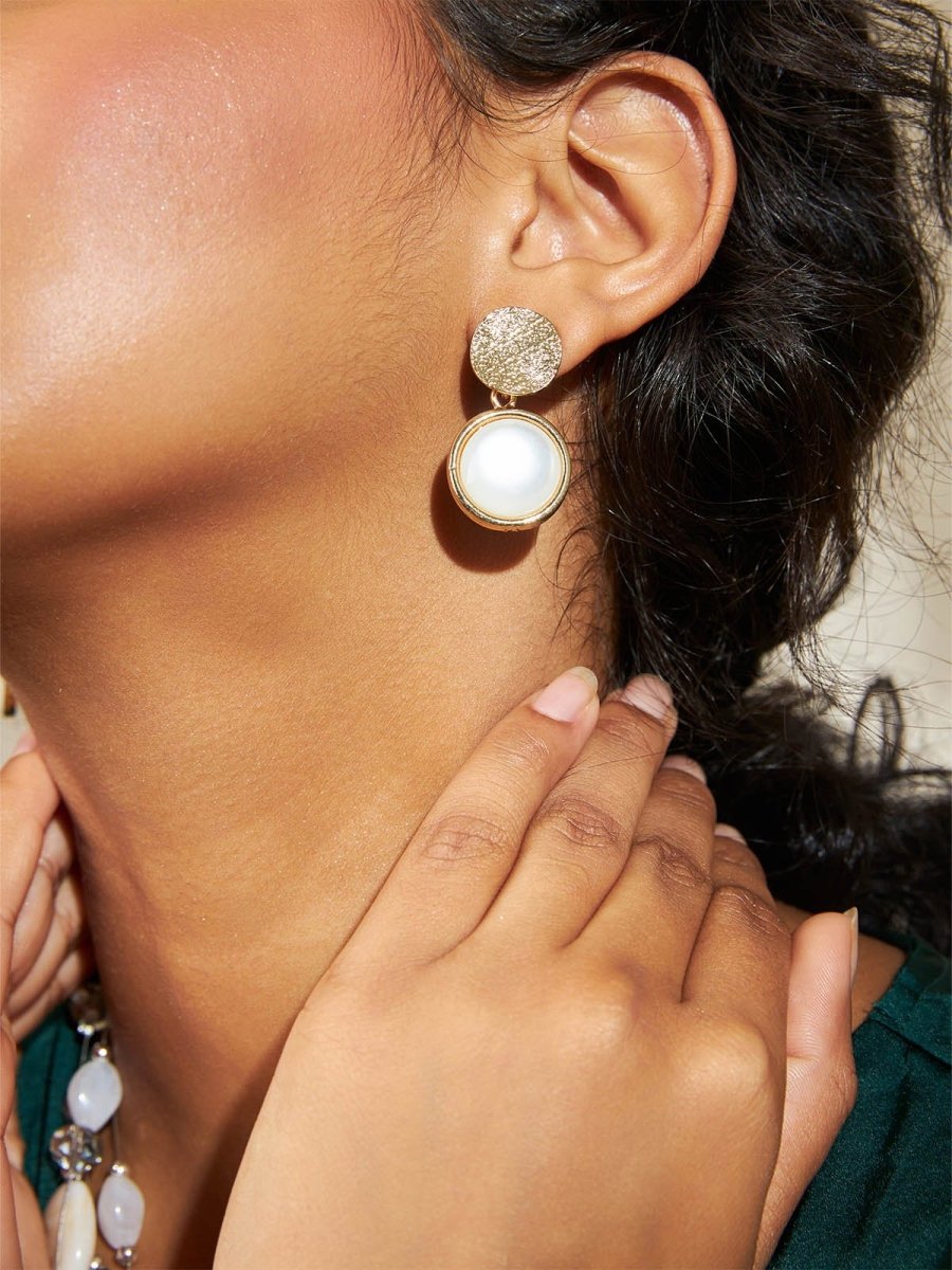 Beruzu - Dual Circle Earrings in Gold and Silver Finish with White Stone Inlay