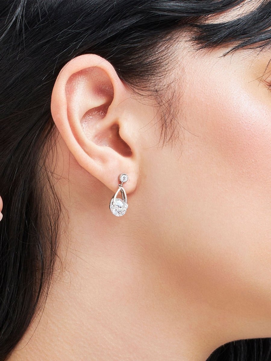 Beruzu - Elegant Silver Drop Earrings with Crystal and Semi-Circle Accents