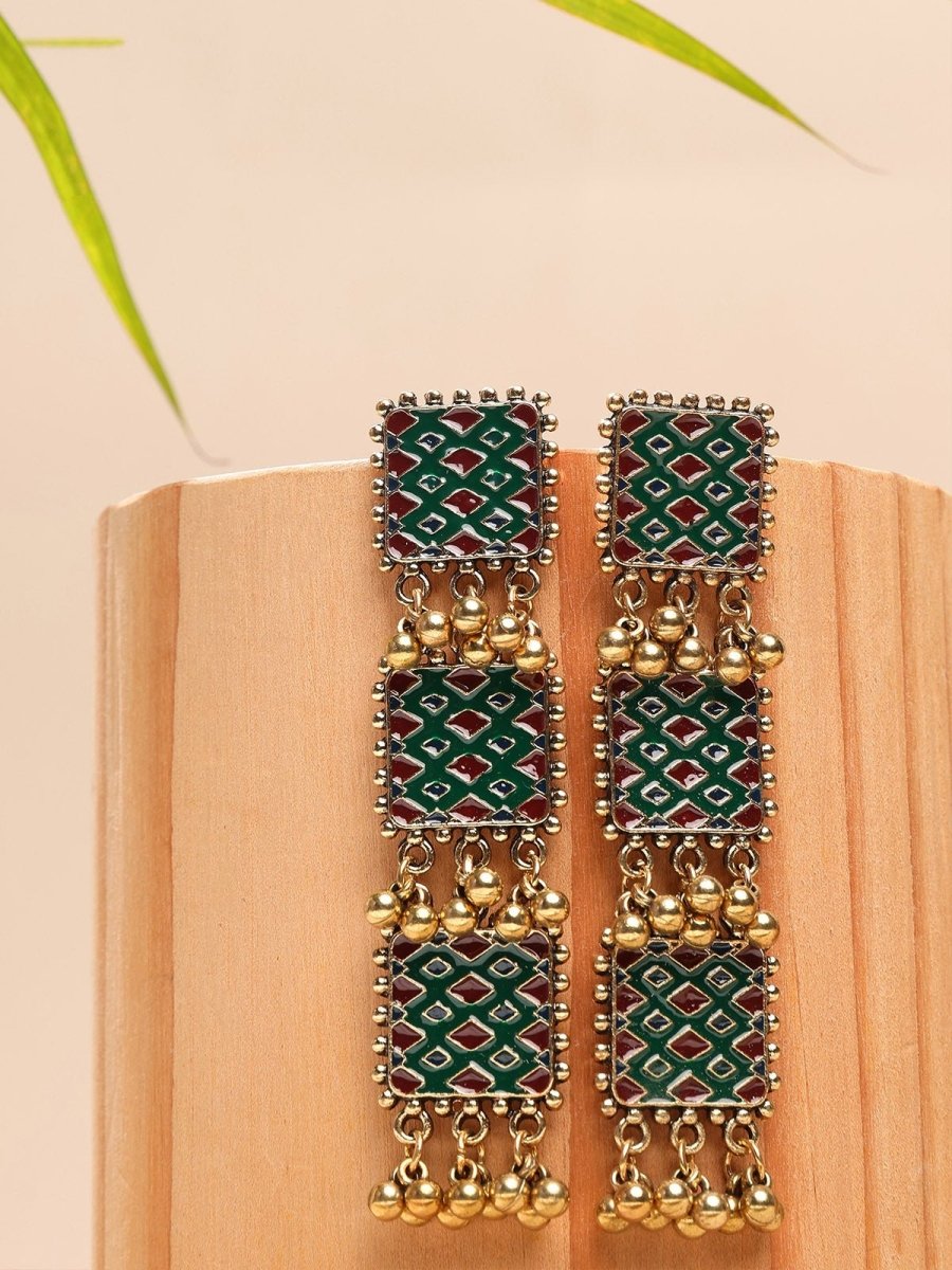 Beruzu - Elegant Tiered Enamel Dangle Earrings with Geometric Accents