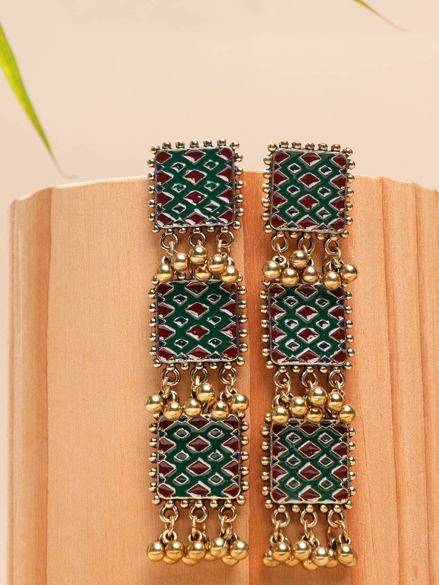 Beruzu - Elegant Tiered Enamel Dangle Earrings with Geometric Accents