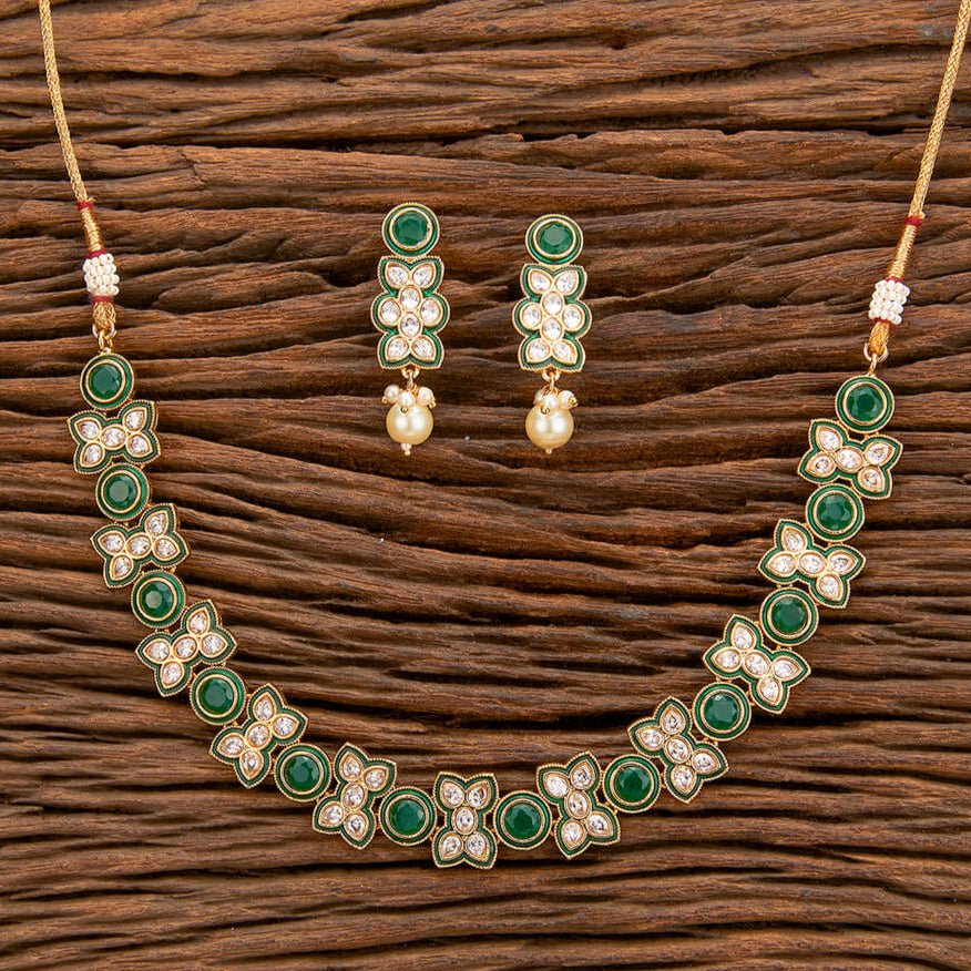 Beruzu - Emerald - Green Enamel, Floral Kundan Motifs, and white Drops - Beruzu