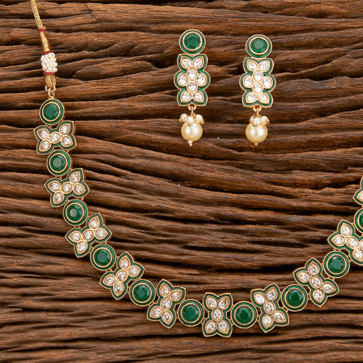 Beruzu - Emerald - Green Enamel, Floral Kundan Motifs, and white Drops - Beruzu