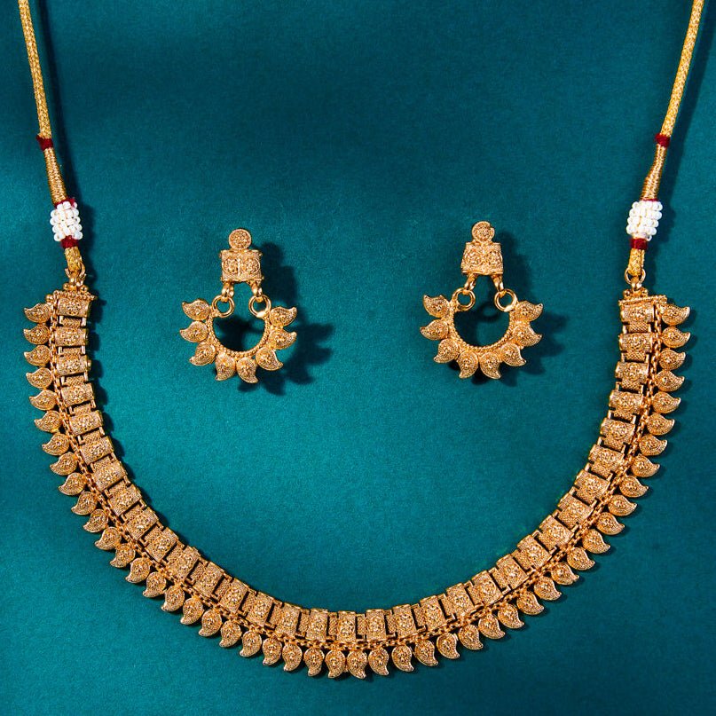 Beruzu - Exquisitely Handcrafted Gold - Plated Leaf Motif Necklace with Earrings Set - Beruzu