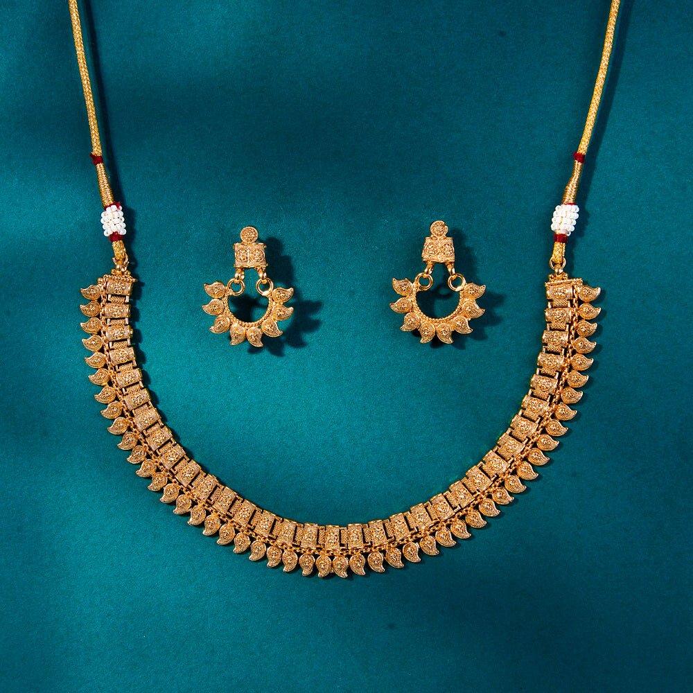 Beruzu - Exquisitely Handcrafted Gold - Plated Leaf Motif Necklace with Earrings Set - Beruzu