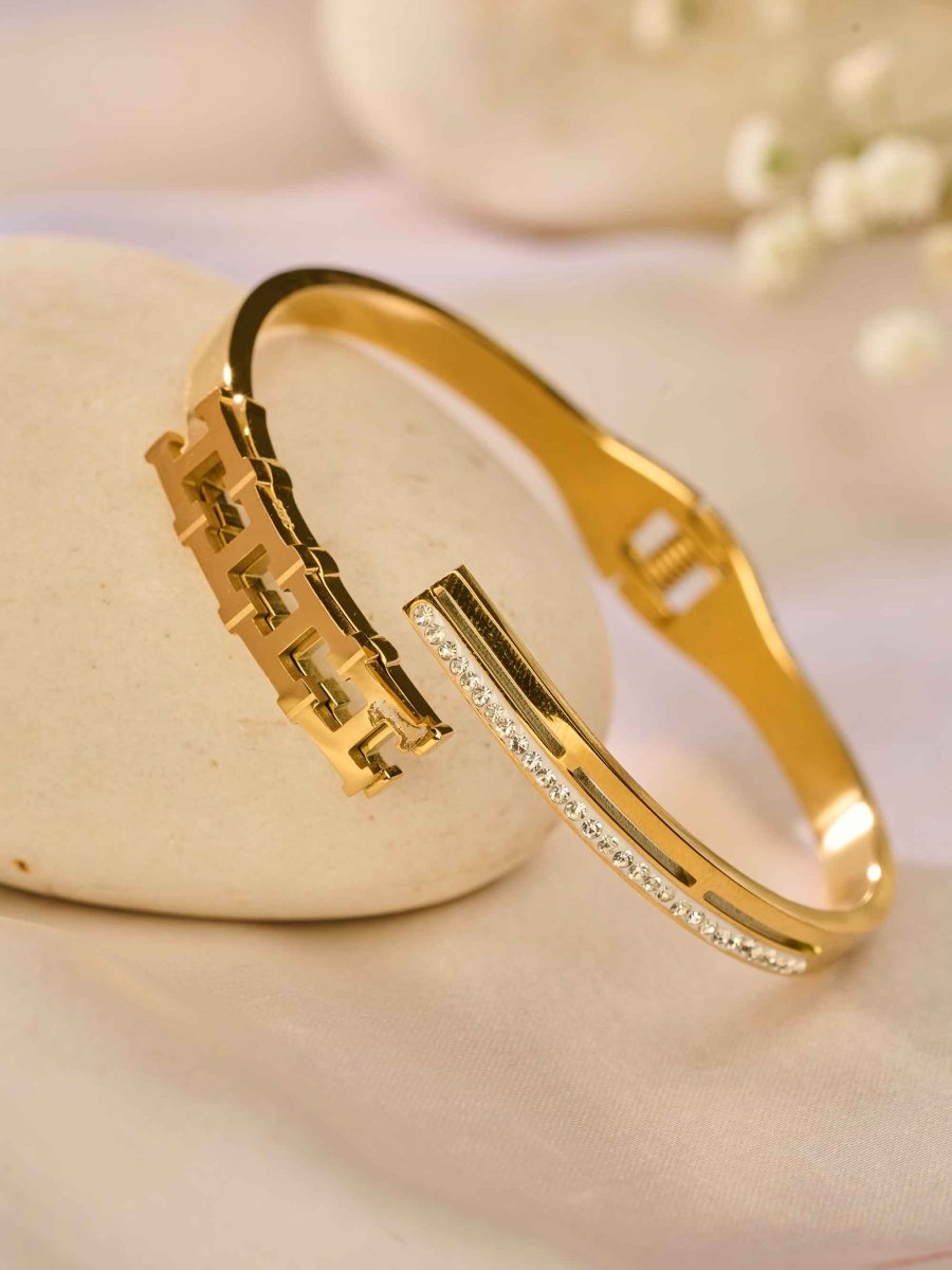 Beruzu Geometric Gold Cuff Bracelet with Crystal Accents - Beruzu