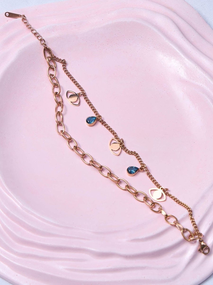 Beruzu - Gold Finish Dual Chain Bracelet with Eye Charms and Blue Stones