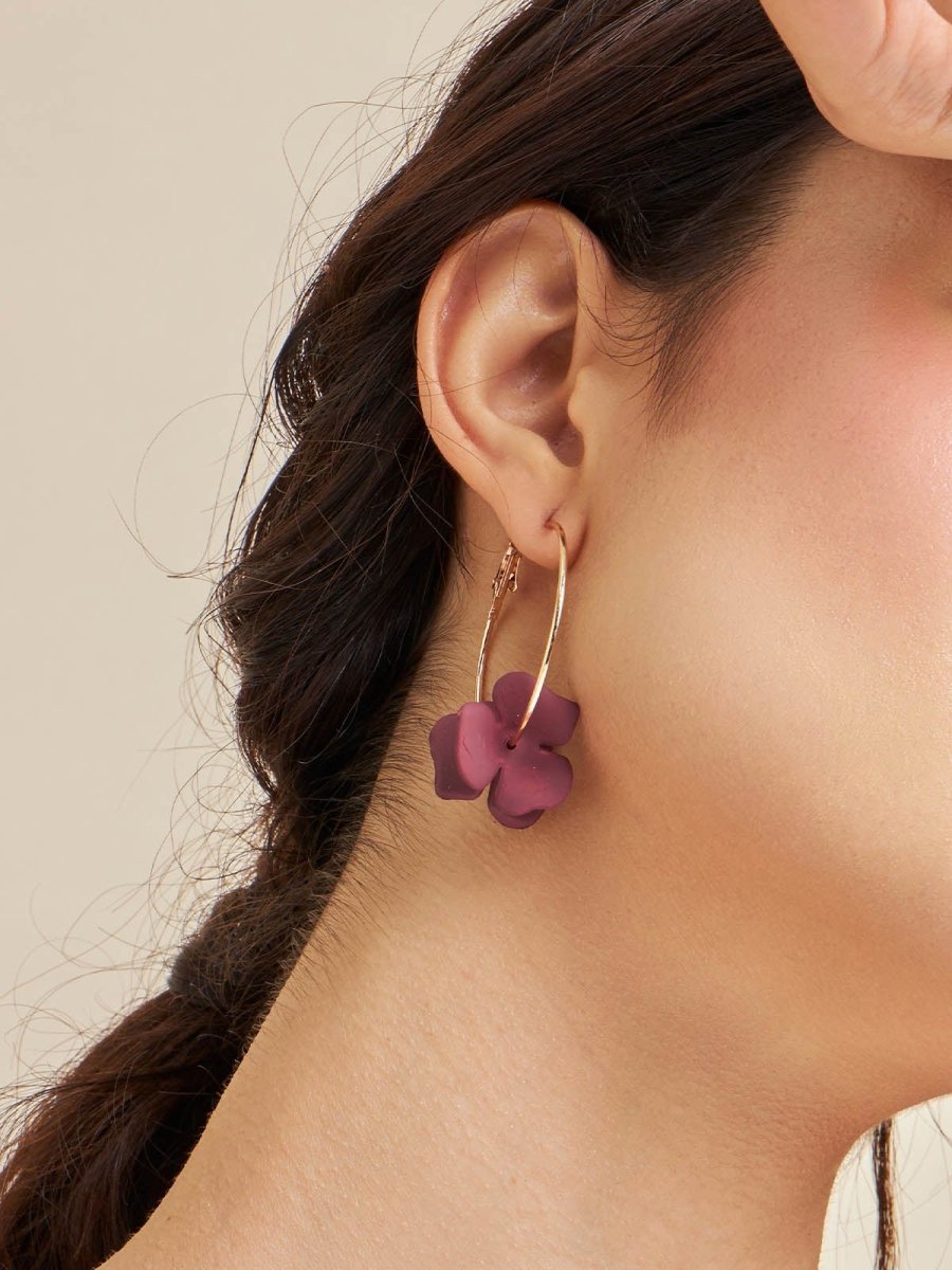 Beruzu - Gold Finish Hoop Earrings with Maroon Flower Accents - Beruzu Fashion