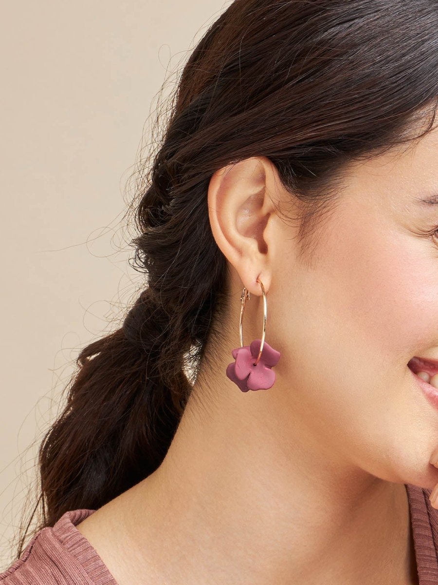 Beruzu - Gold Finish Hoop Earrings with Maroon Flower Accents - Beruzu Fashion