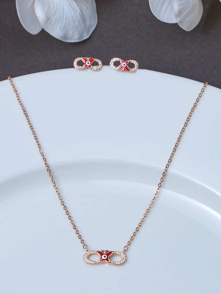 Beruzu - Gold Plated Bow Tie Pendant Earring and Necklace Set with Red Enamel