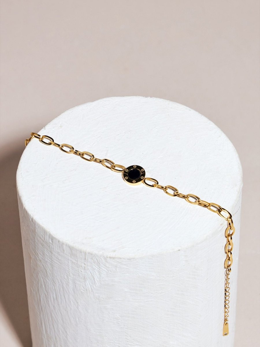 Beruzu - Gold Plated Bracelet with Timepiece Pendant and Black Enamel