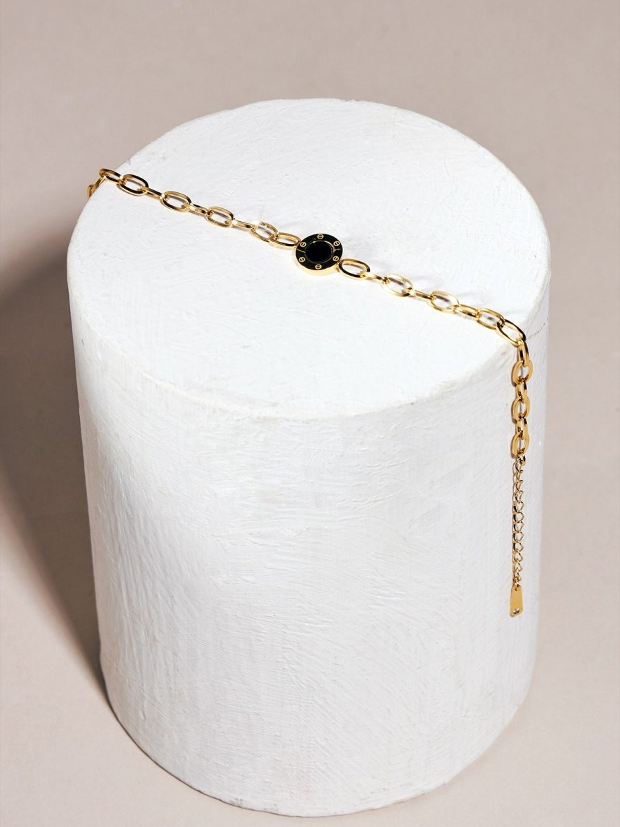 Beruzu - Gold Plated Bracelet with Timepiece Pendant and Black Enamel