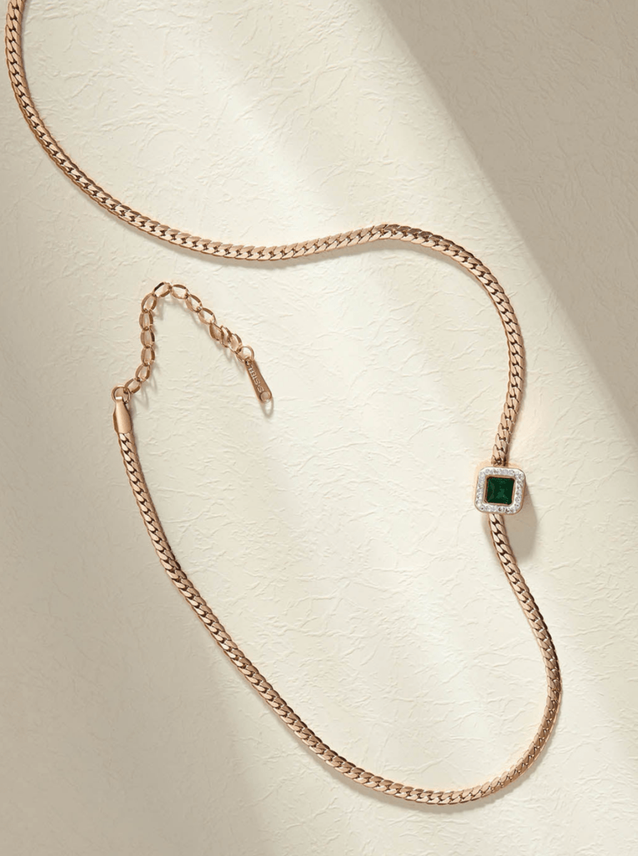 Beruzu - Gold Plated Chain Pendant with Crystal-Encrusted Square and Green Stone