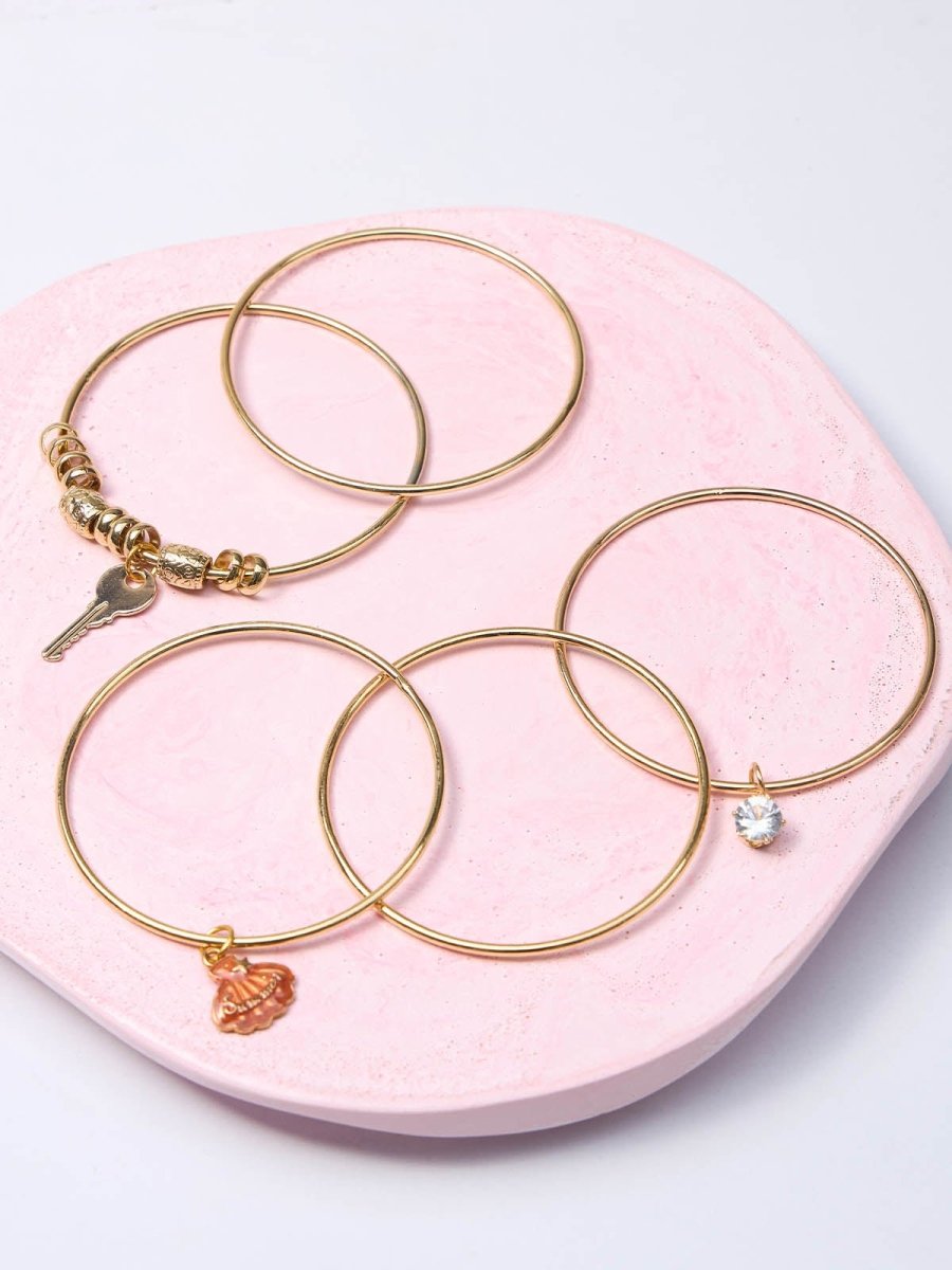 Beruzu - Gold Plated Fashion Statement Bangle Set with Dangling Charms