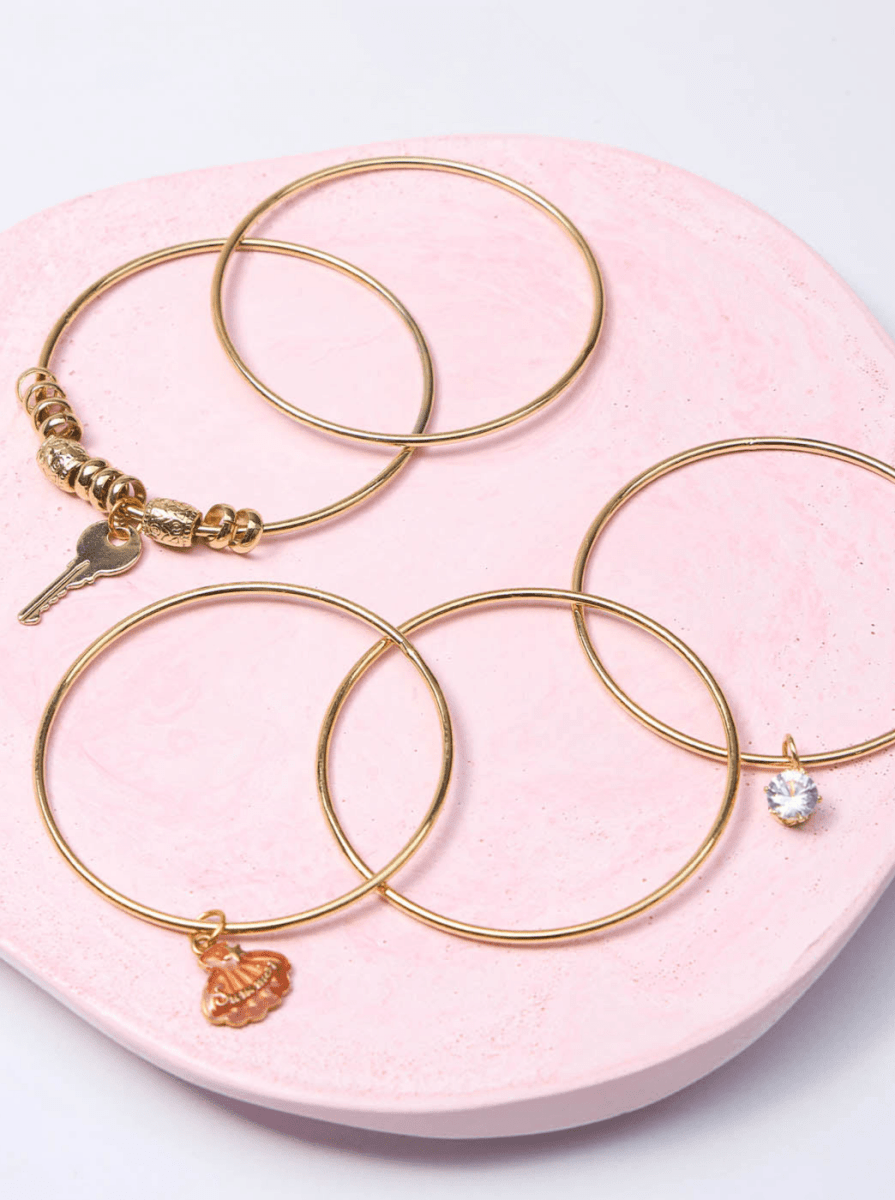 Beruzu - Gold Plated Fashion Statement Bangle Set with Dangling Charms