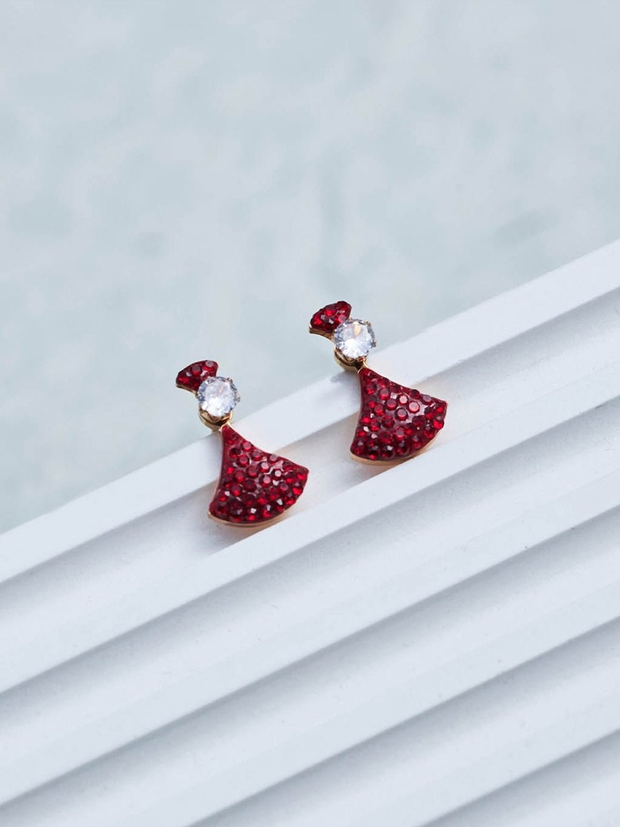 Beruzu - Gold Plated Tri-Layer Red Stone Stud Earrings with White Diamond Accent