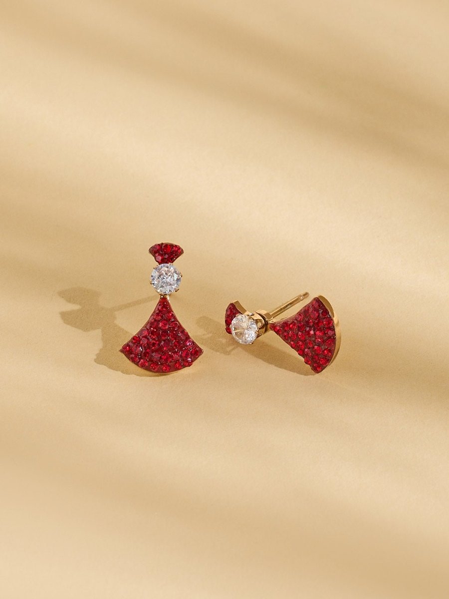 Beruzu - Gold Plated Tri-Layer Red Stone Stud Earrings with White Diamond Accent