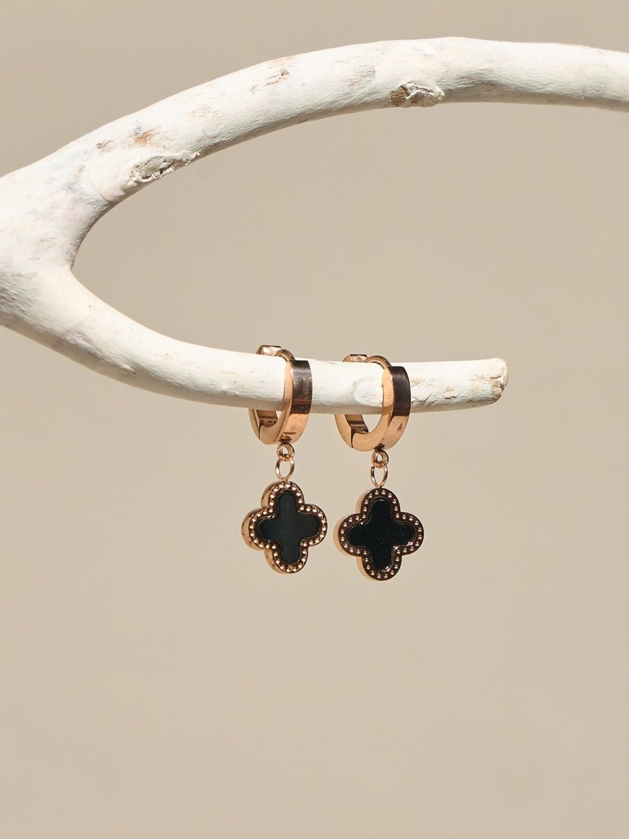 Beruzu - Gold Segmented Hoop Earrings with Black Enamel Flower Pendant