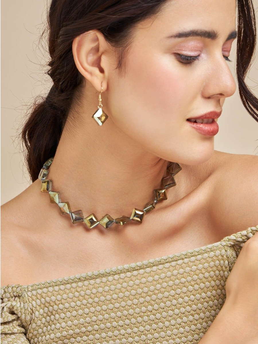 Beruzu - Golden Brown Diamond-Shaped Stone Earring and Necklace Set