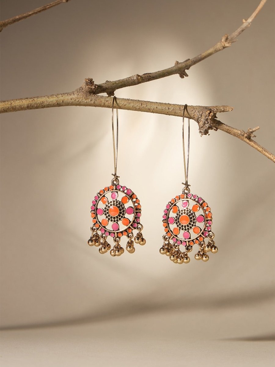 Beruzu - Golden Elegance Rangoli Drop Earrings with Dual-Color Enamel Accents