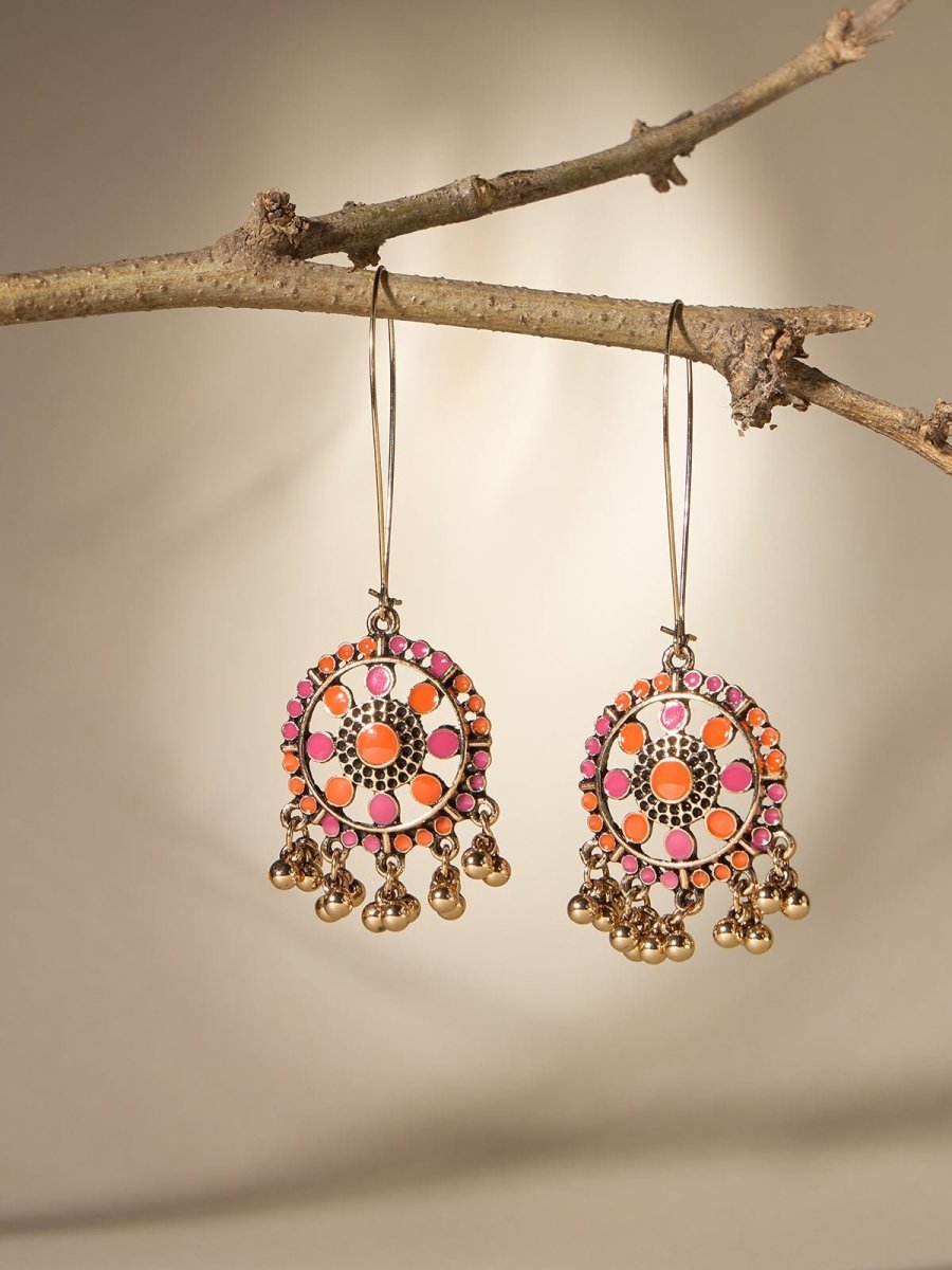 Beruzu - Golden Elegance Rangoli Drop Earrings with Dual-Color Enamel Accents