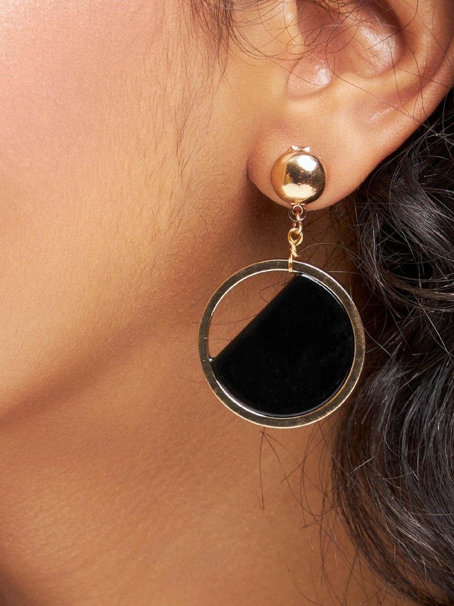 Beruzu - Indo-Western Gold Crescent Earrings with Marble-Inspired Acrylic in Black and White - Beruzu Fashion