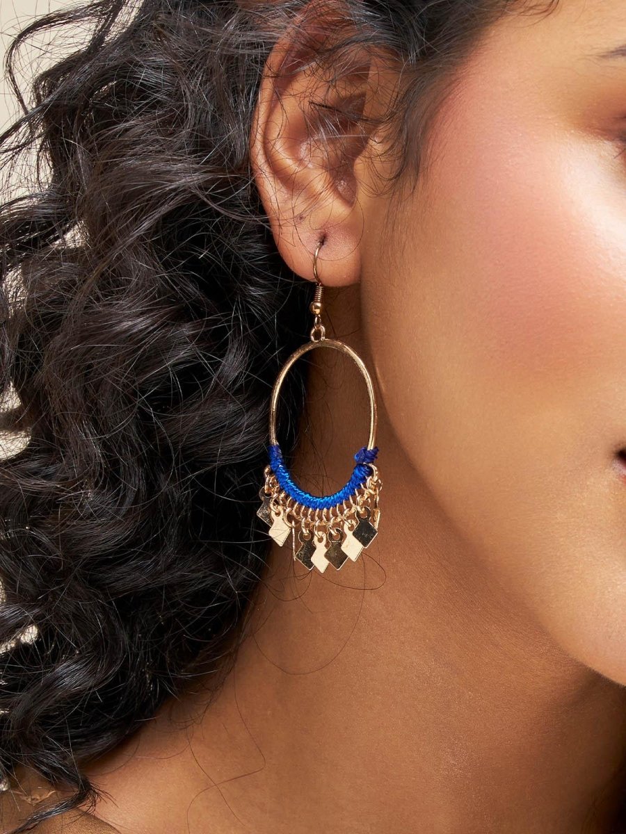 Beruzu - Indo-Western Gold Hoop Earrings with Diamond Charms and Blue Thread Accents - Beruzu Fashion