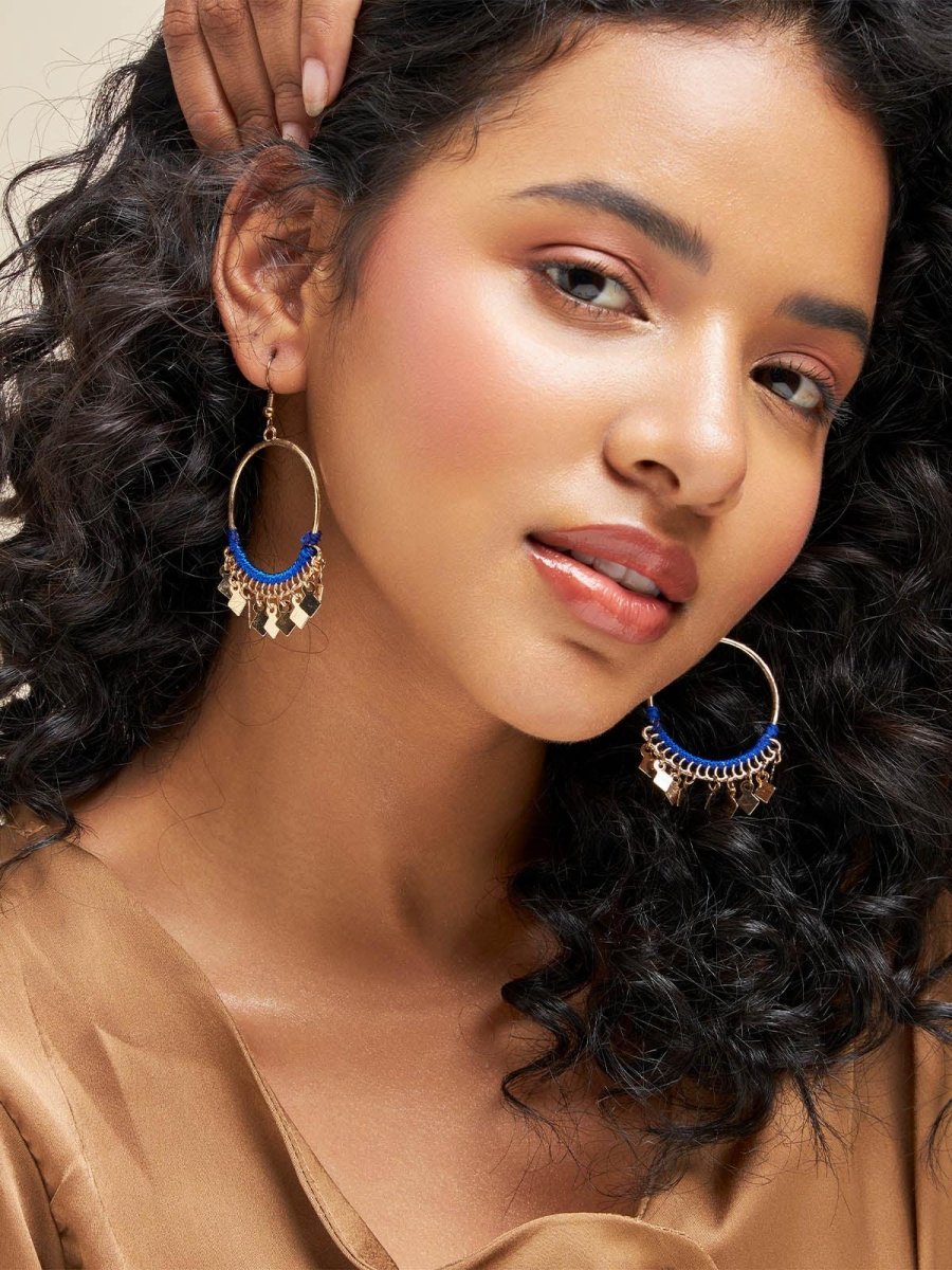 Beruzu - Indo-Western Gold Hoop Earrings with Diamond Charms and Blue Thread Accents - Beruzu Fashion