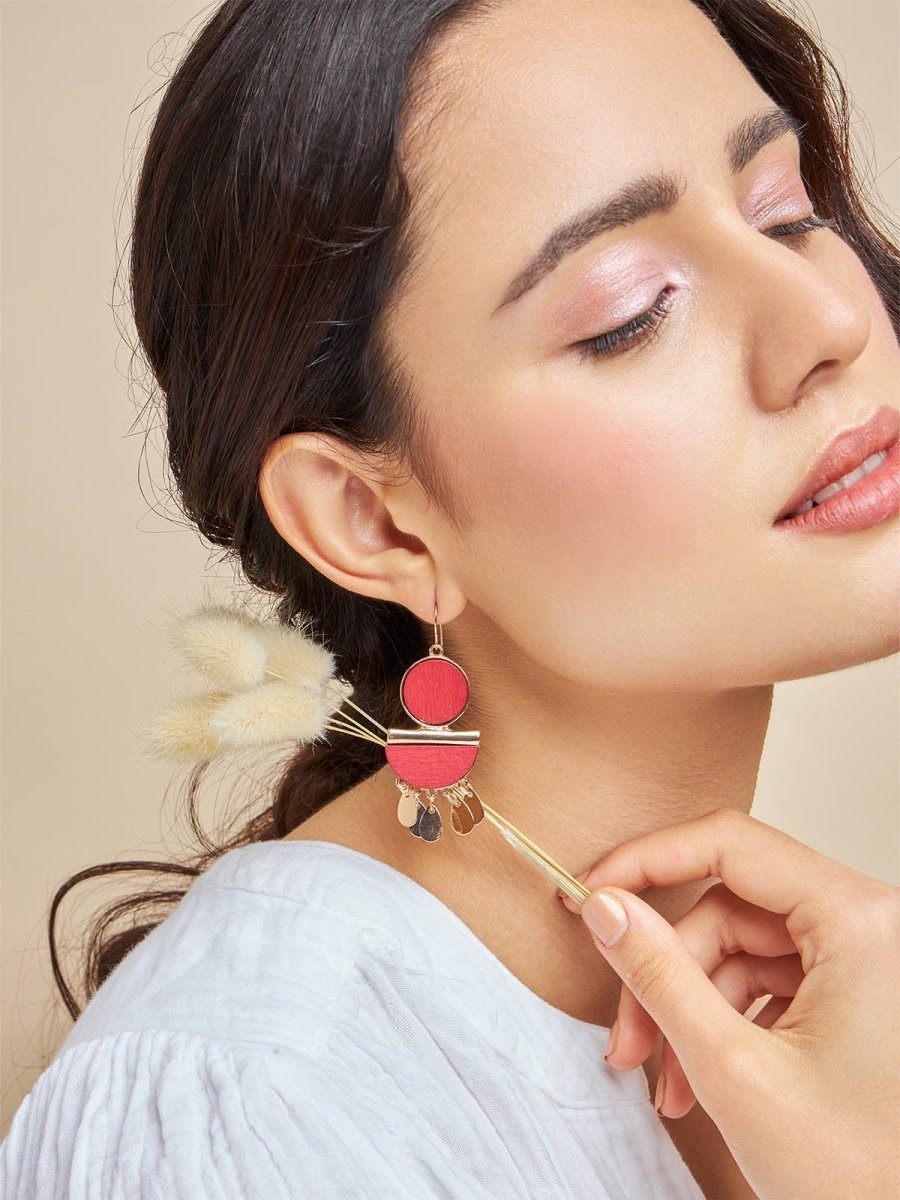 Beruzu - Indo-Western Metallic Pink Circle Earrings with Multicolored Drops - Beruzu Fashion