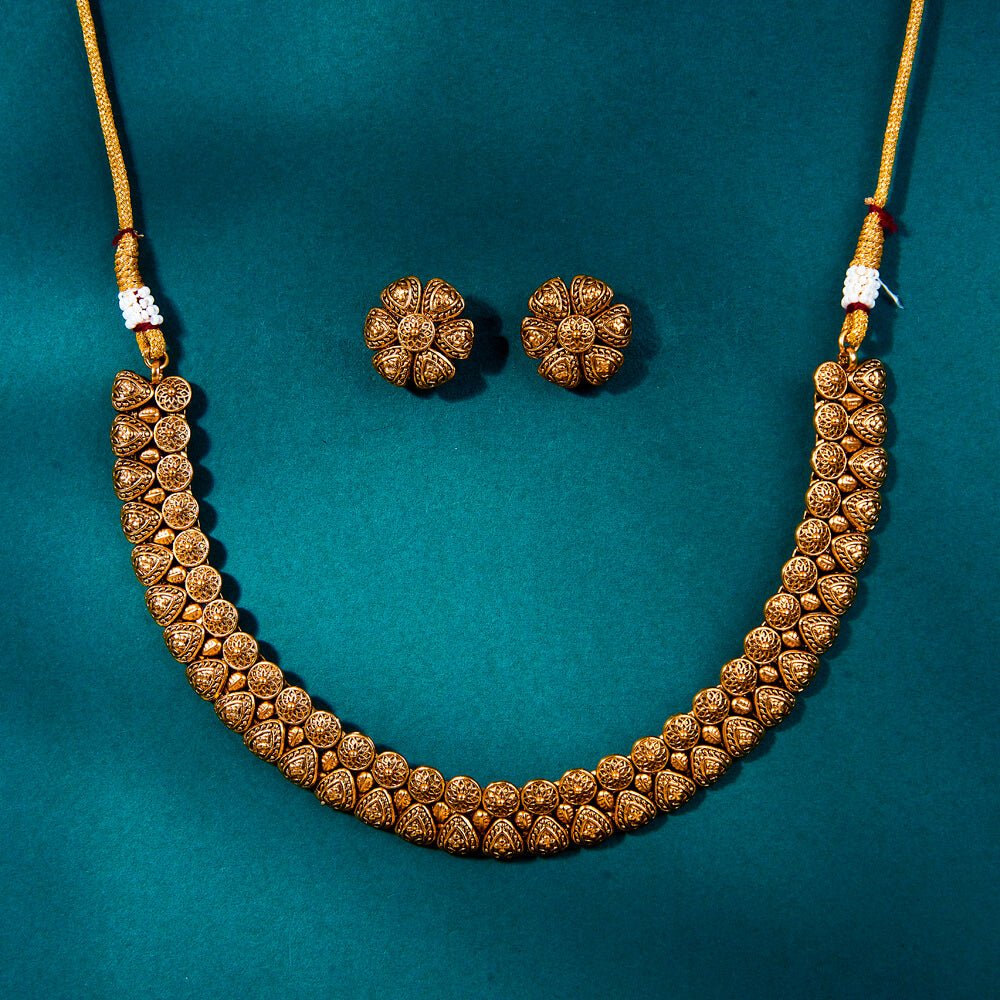 Beruzu - Intricately Designed Gold - Plated Necklace Set with Floral Motif and Detailed Carvings - Beruzu