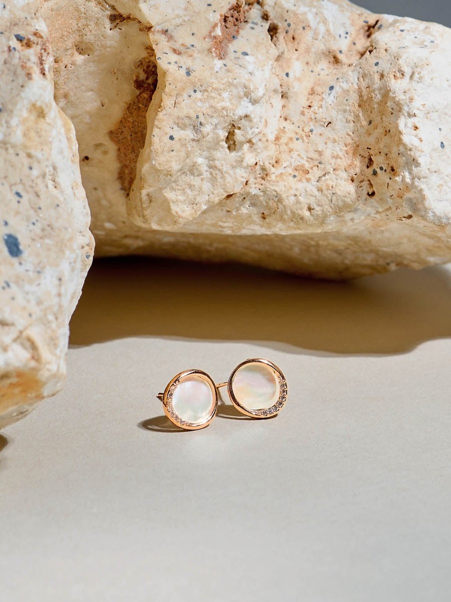 Beruzu - Korean Circular Stud Earrings in Gold and Rose Gold with Crystal and Enamel Accents