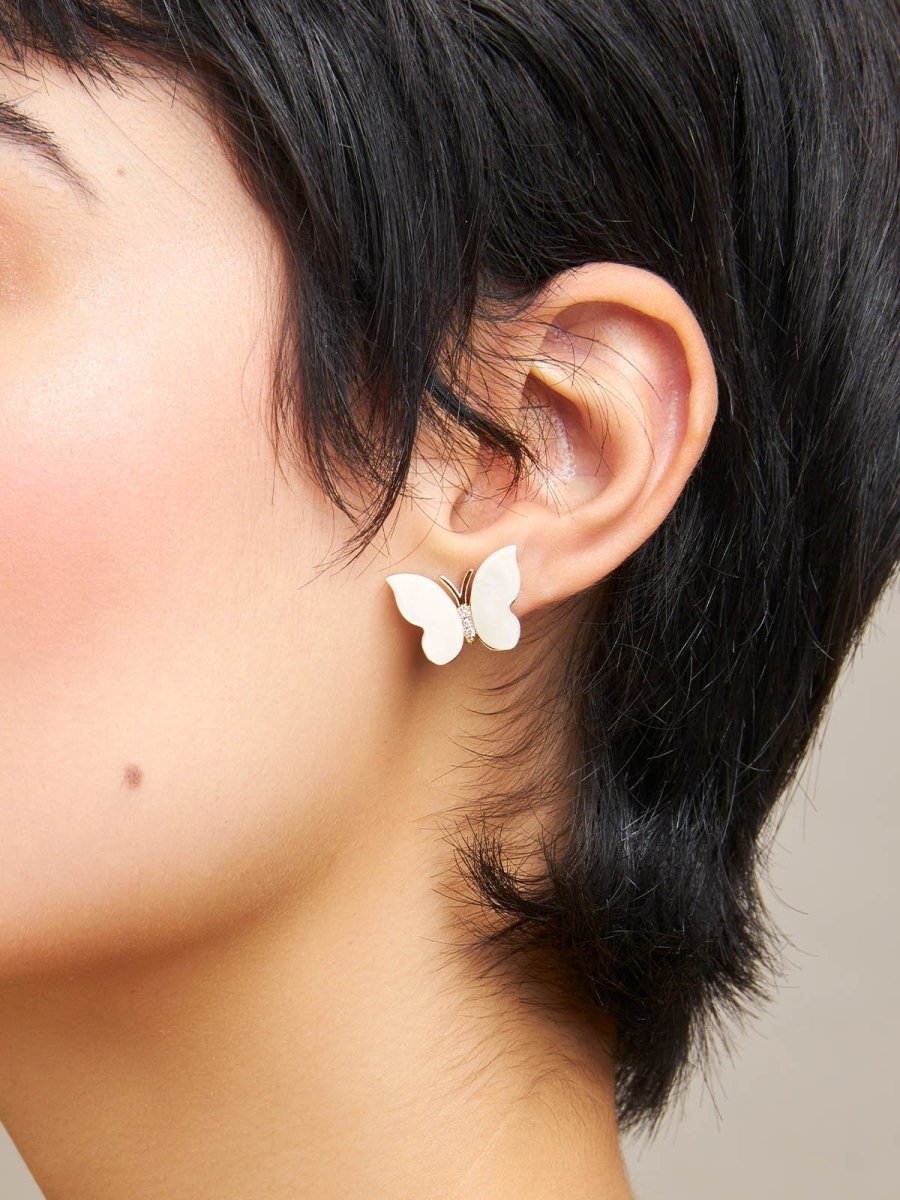 Beruzu - Korean Style Butterfly Stud Earrings with White Enamel Detailing - Beruzu Fashion