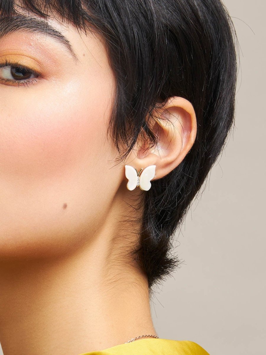 Beruzu - Korean Style Butterfly Stud Earrings with White Enamel Detailing - Beruzu Fashion