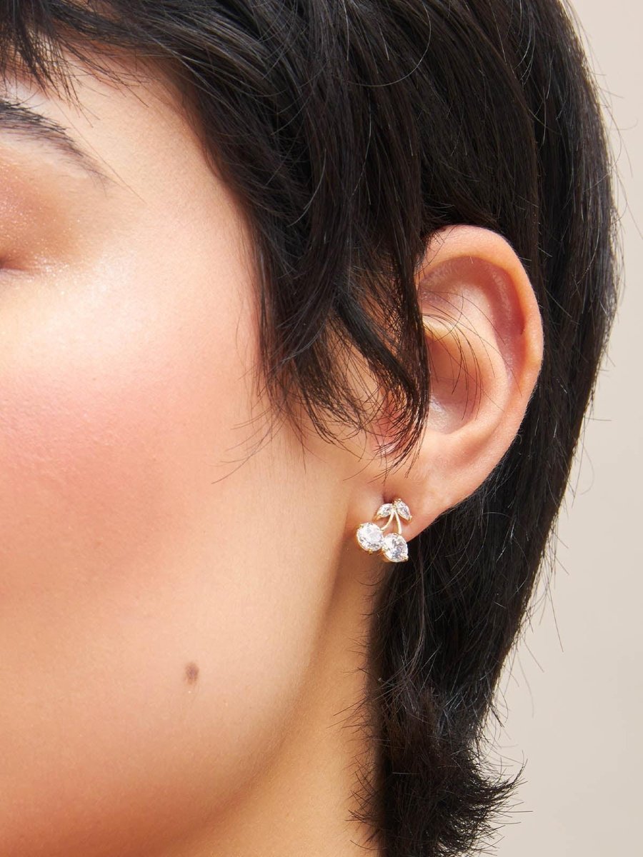 Beruzu - Korean Style Gold Plated Leaf and Fruit Stud Earrings with Diamond Accents - Beruzu Fashion