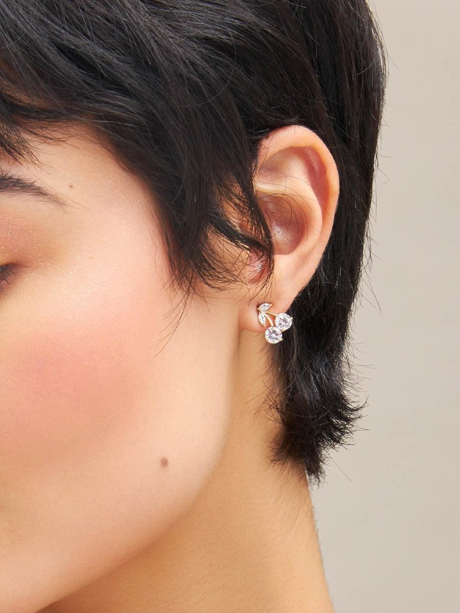 Beruzu - Korean Style Gold Plated Leaf and Fruit Stud Earrings with Diamond Accents - Beruzu Fashion